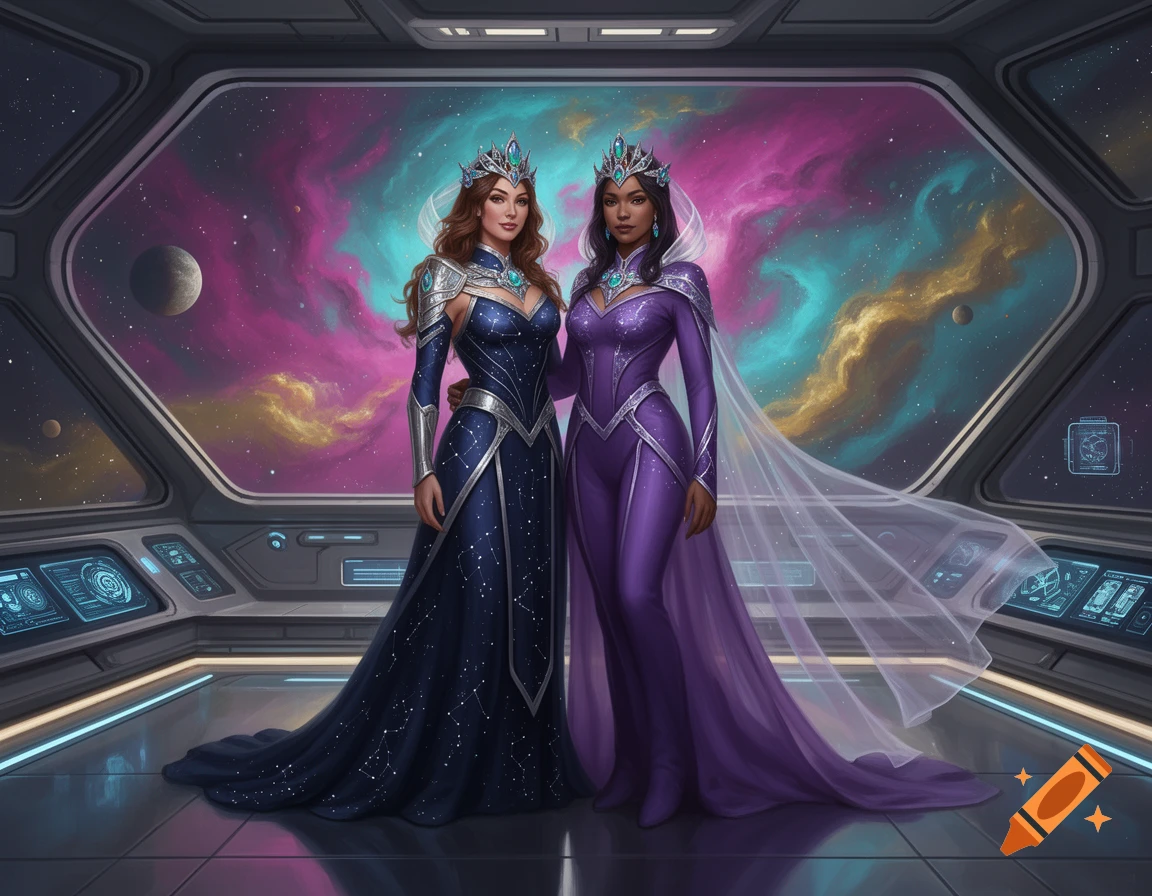 Two diverse space princesses in ornate celestial-themed dresses and crowns standing inside a spaceship control room with a nebula visible through the large window, digital art style.