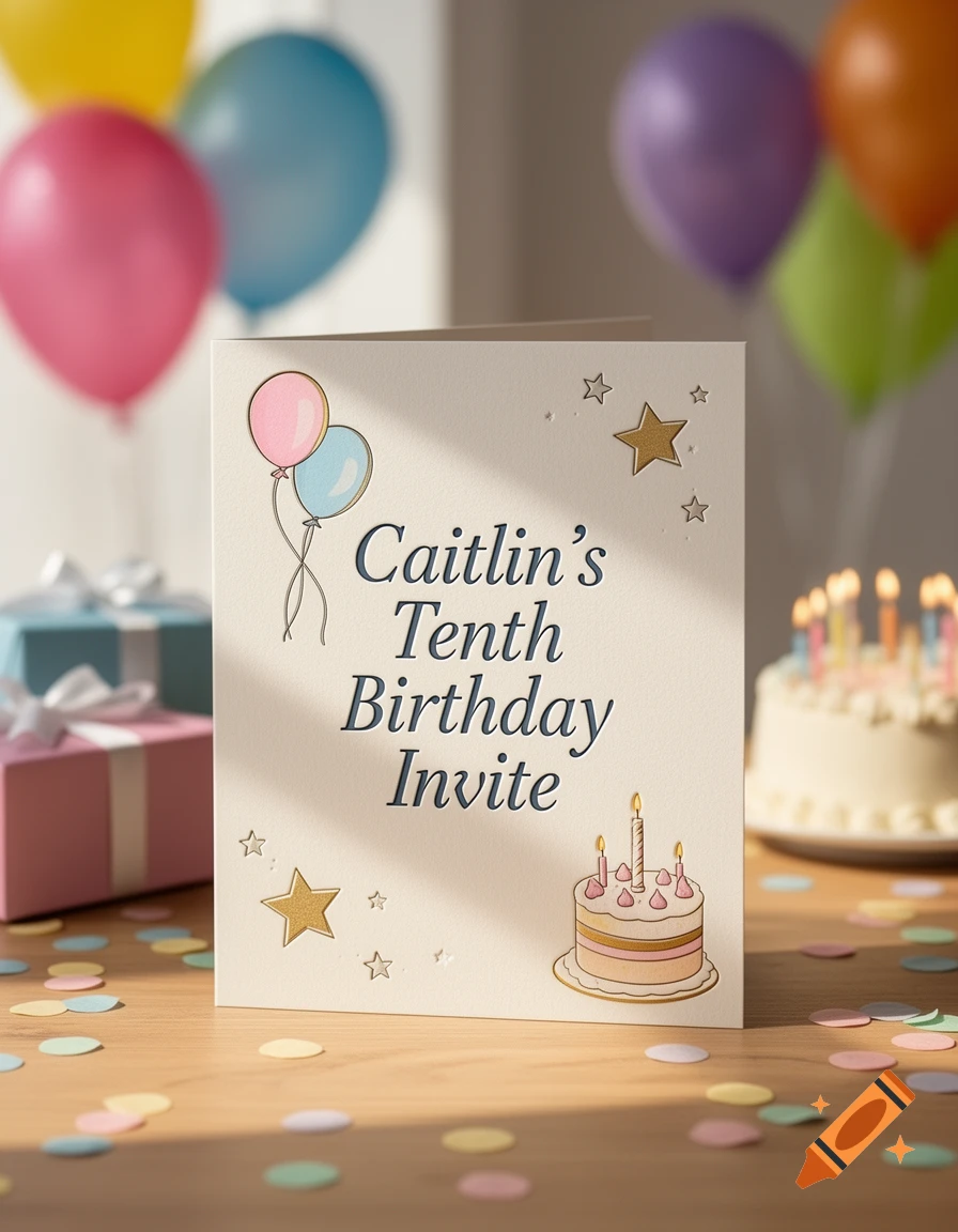 A tenth birthday party invitation card for Caitlin, featuring balloons, a small cake with candles, and confetti on a wooden table.