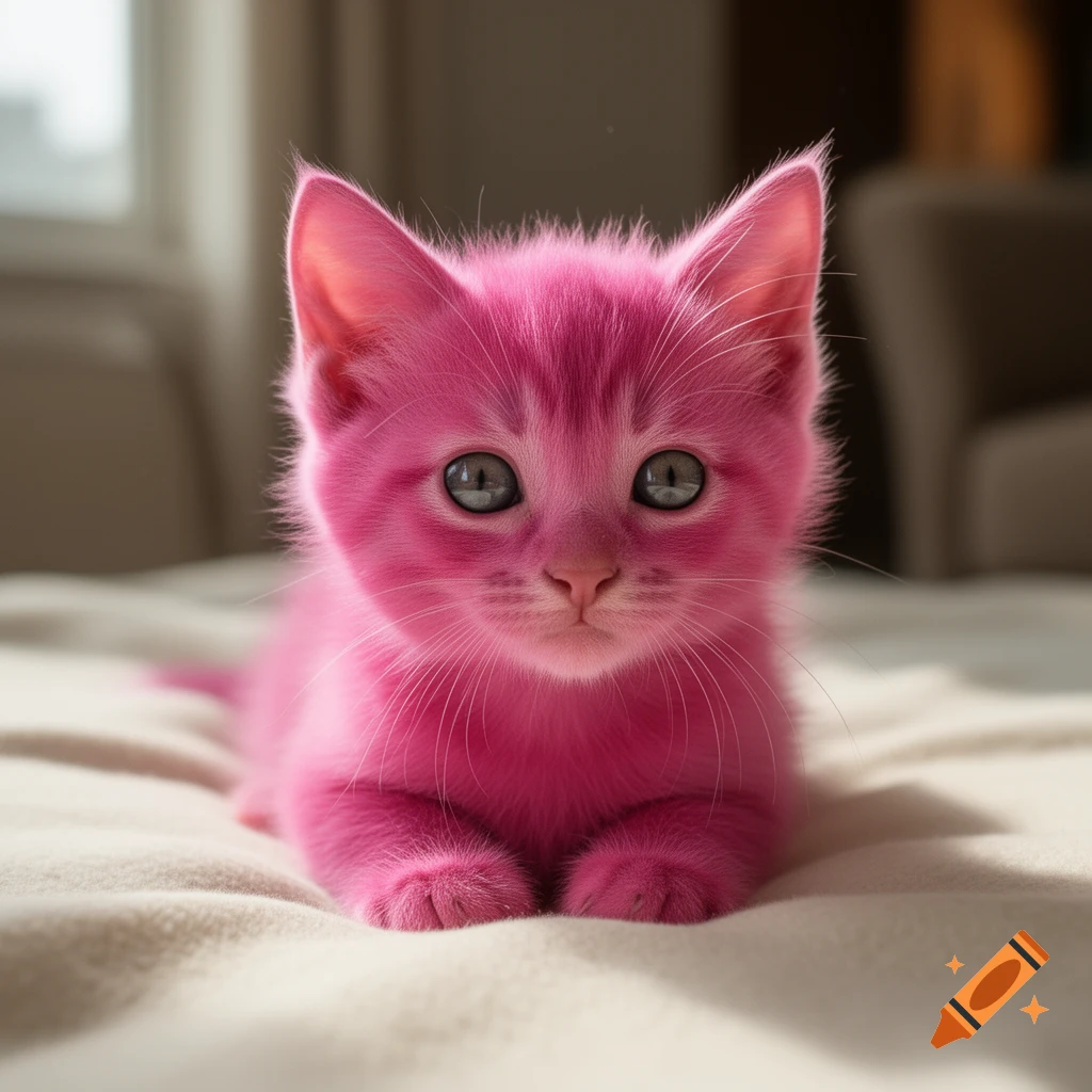 Close-up photorealistic image of a fluffy bright pink kitten lying on a light-colored surface.