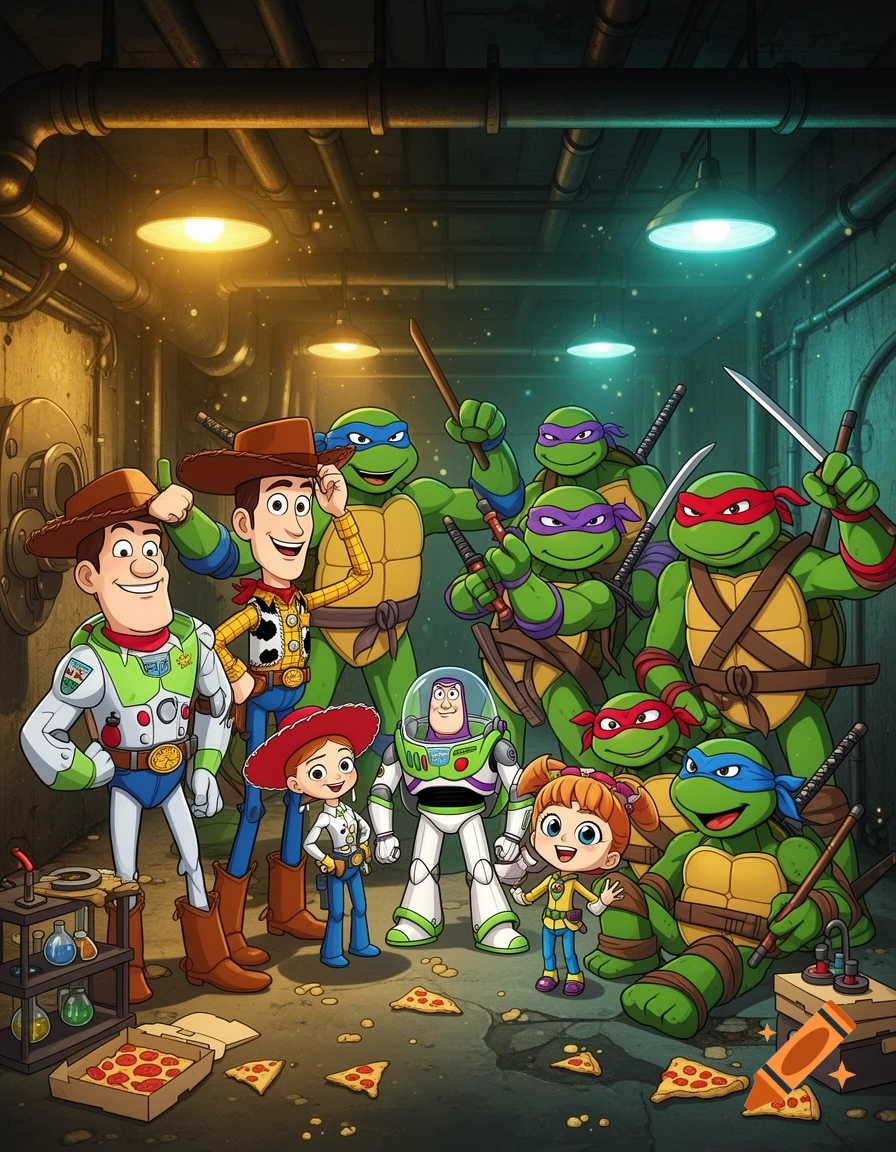 Toy Story characters Woody, Buzz Lightyear, and Jessie visiting the Teenage Mutant Ninja Turtles in a sewer hideout, 3D animated style.