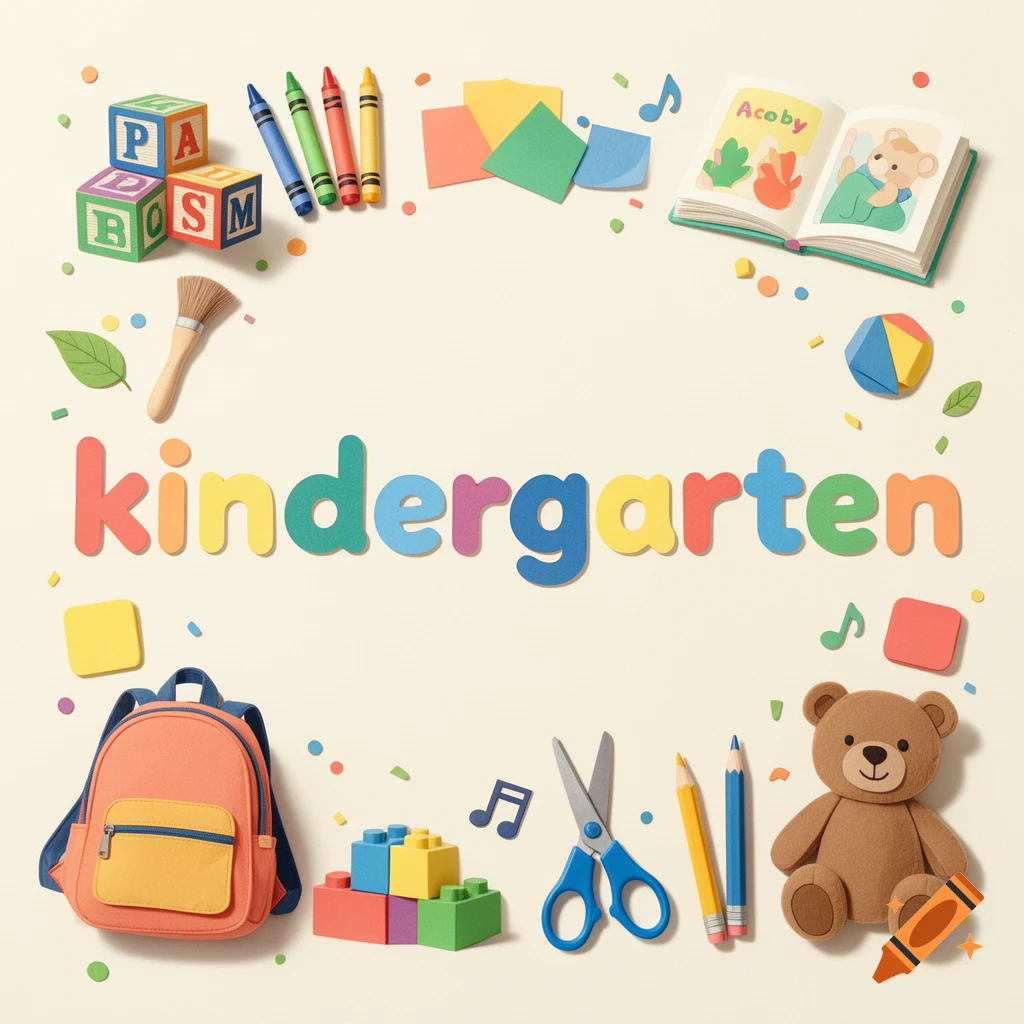 Colorful kindergarten themed flat lay with the word kindergarten surrounded by toys, crayons, books, and school supplies.