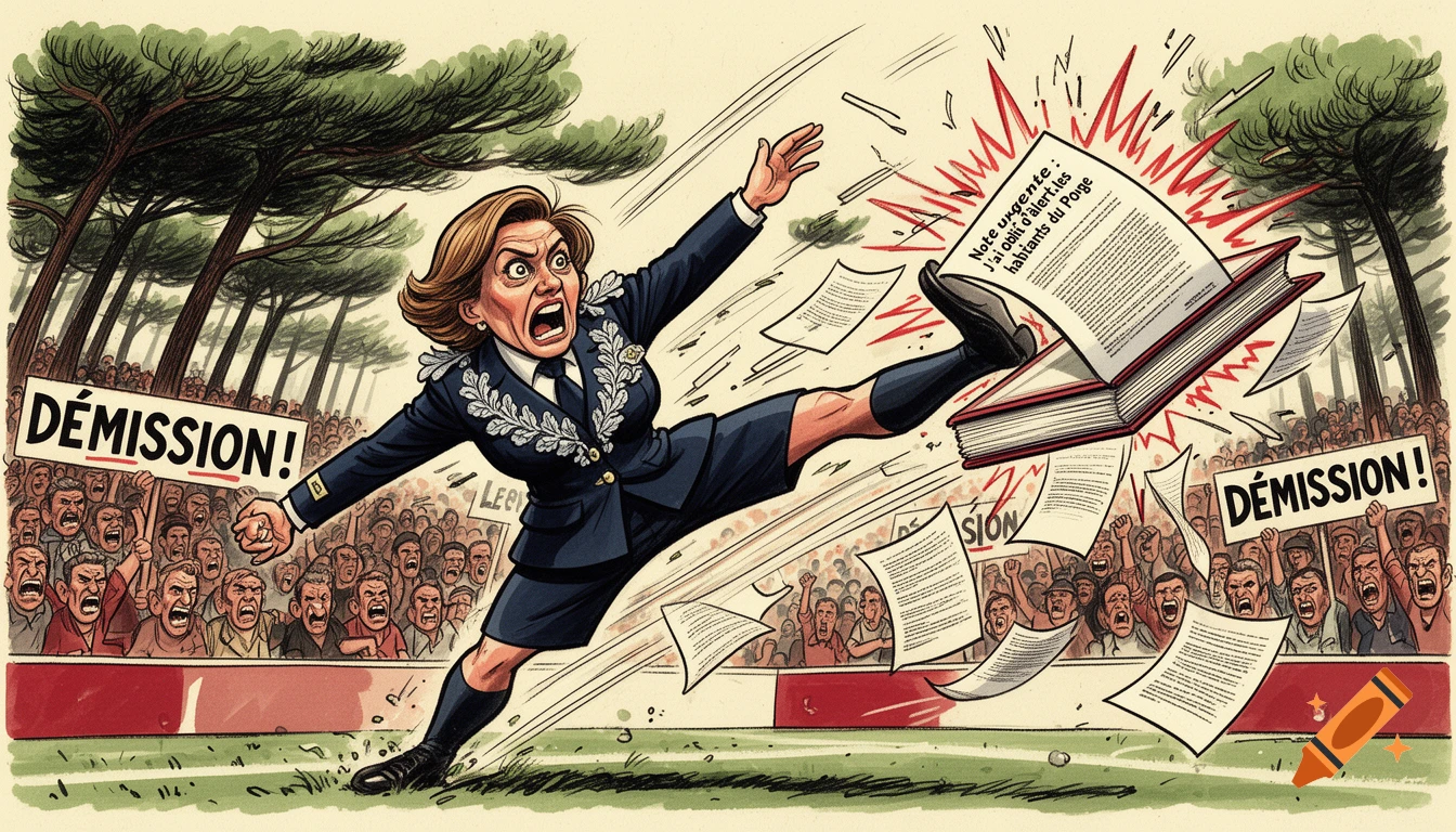 Editorial comic style illustration of a female regional prefect kicking a book like a rugby ball in front of an angry crowd.