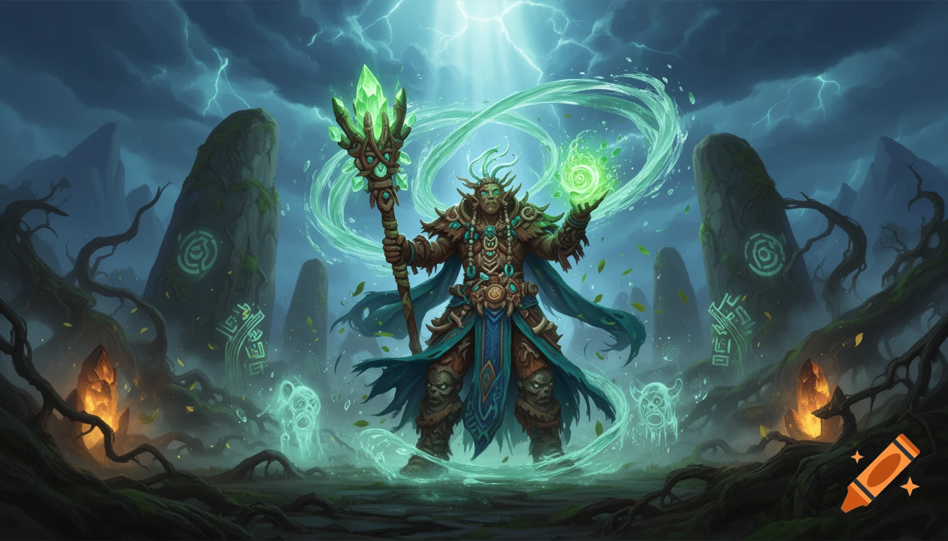 Digital painting of a restoration shaman from World of Warcraft holding a green crystal staff and swirling elemental water in a stormy landscape.