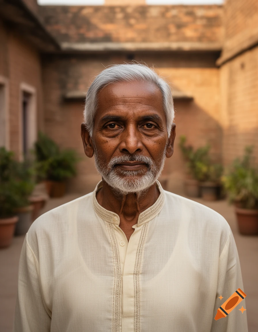 Photorealistic portrait of a 71-year-old Indian man with gray hair and beard, wearing a cream-colored traditional tunic.