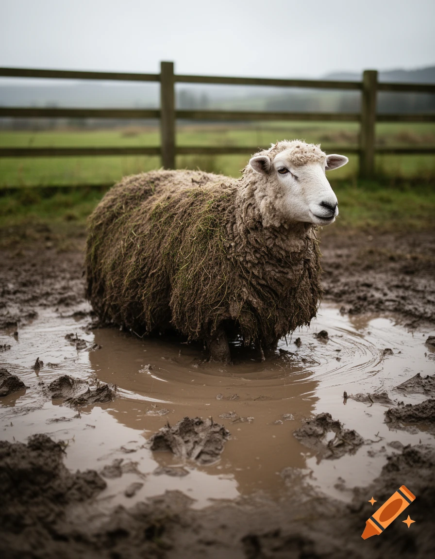 Photorealistic image of a muddy sheep standing in a puddle in a fenced pasture.