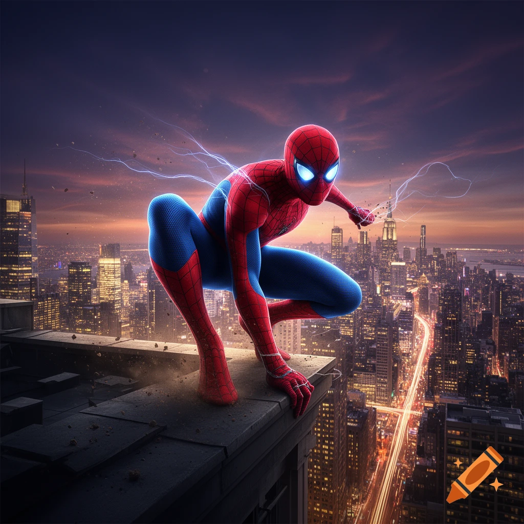 Spiderman crouching on a rooftop overlooking a city skyline at sunset in a cinematic style.