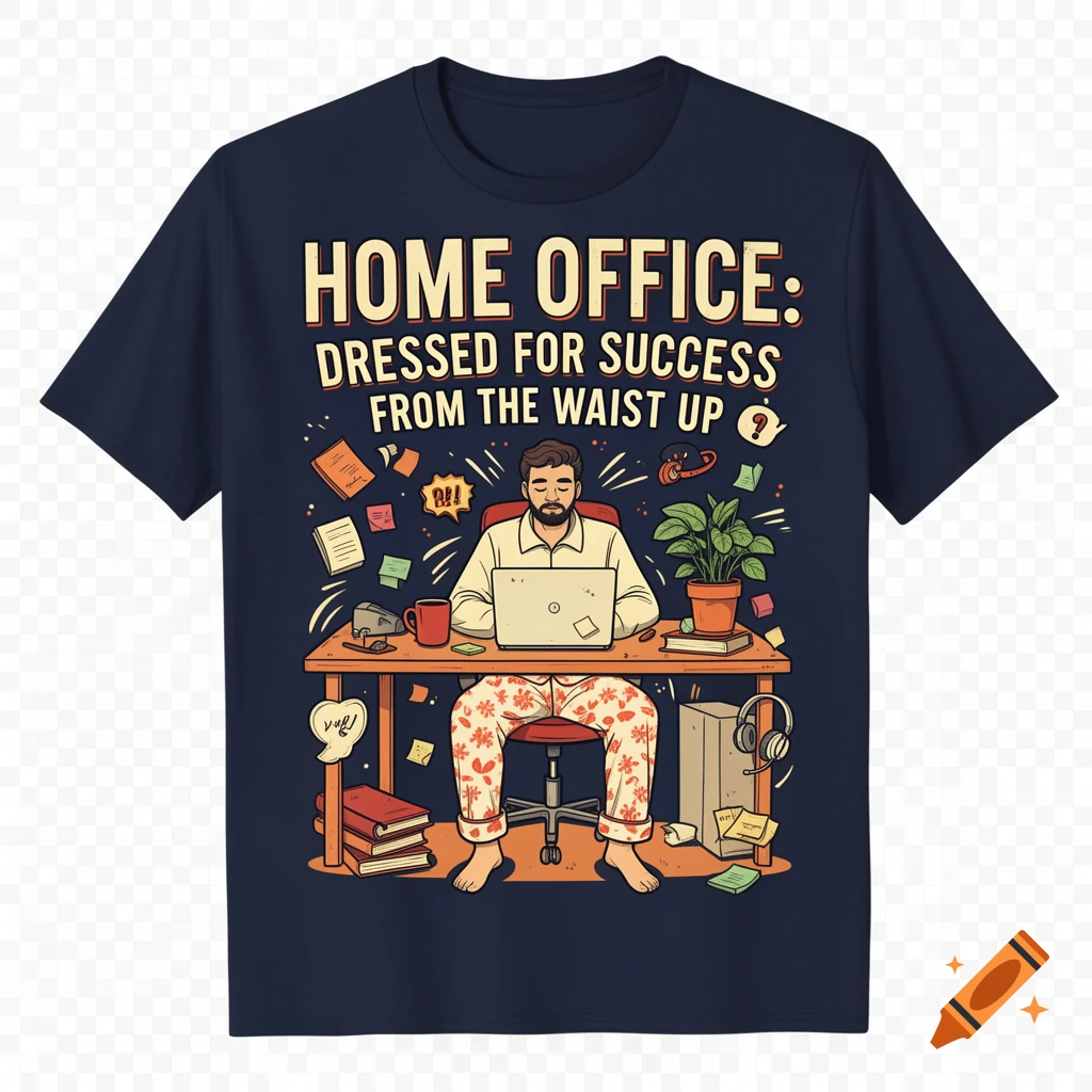 Illustration on a navy blue t-shirt showing a man working at a laptop in a home office, dressed in a business shirt on top and pajama bottoms.