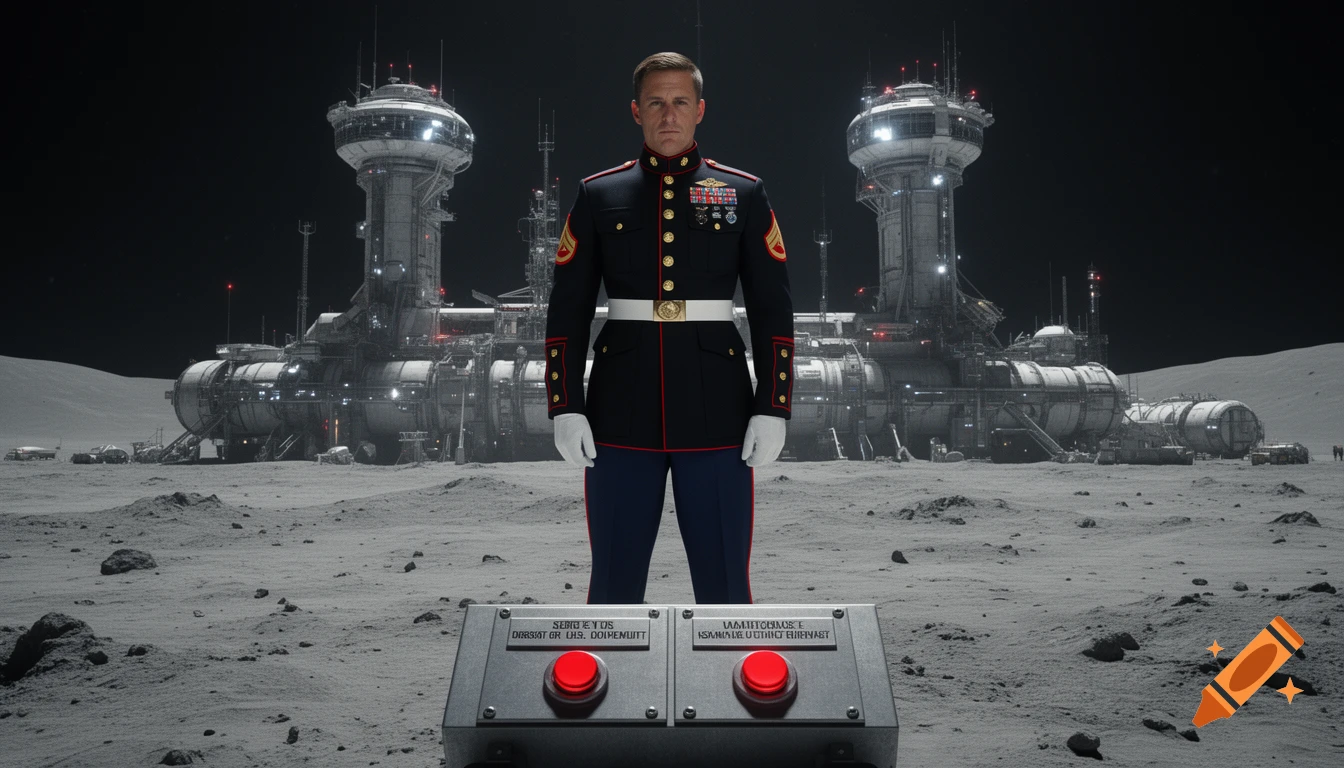 A photorealistic marine in dress blues standing on the moon before a large lunar base and a control console.