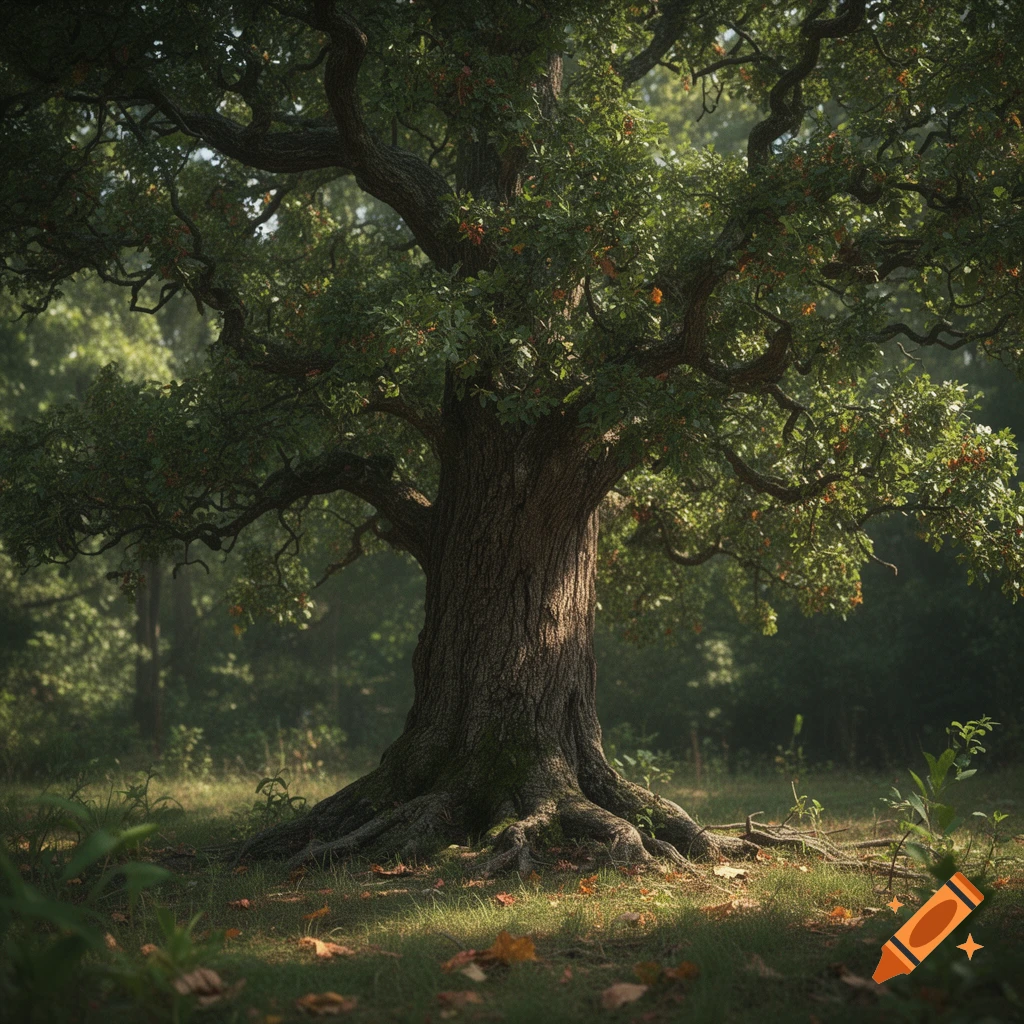 Photorealistic image of a large, mature oak tree with sprawling branches in a sunlit grassy field.
