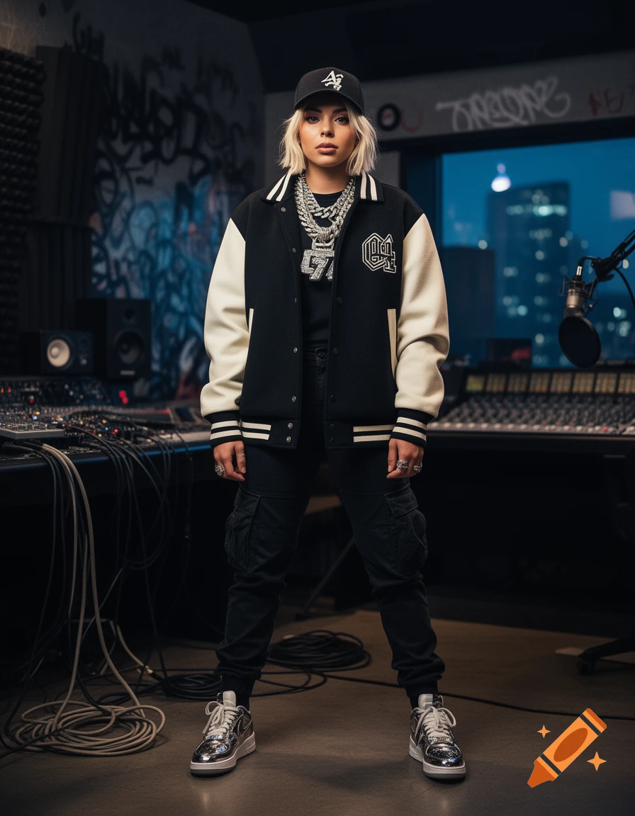 Photorealistic portrait of a blonde woman dressed as a rapper in a recording studio, wearing a varsity jacket and cap.