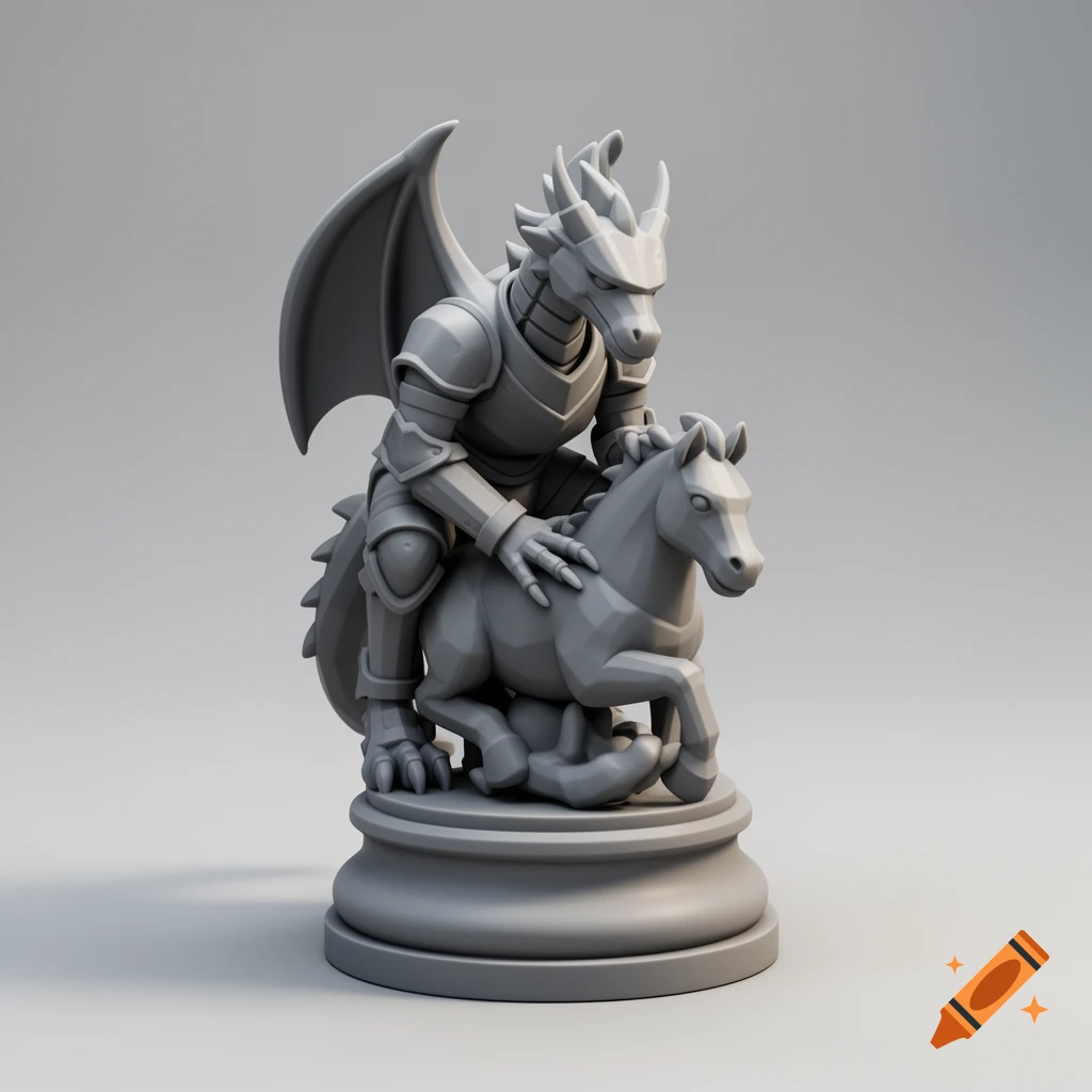 3D render of a dragon knight chess piece riding and pinning down a horse.
