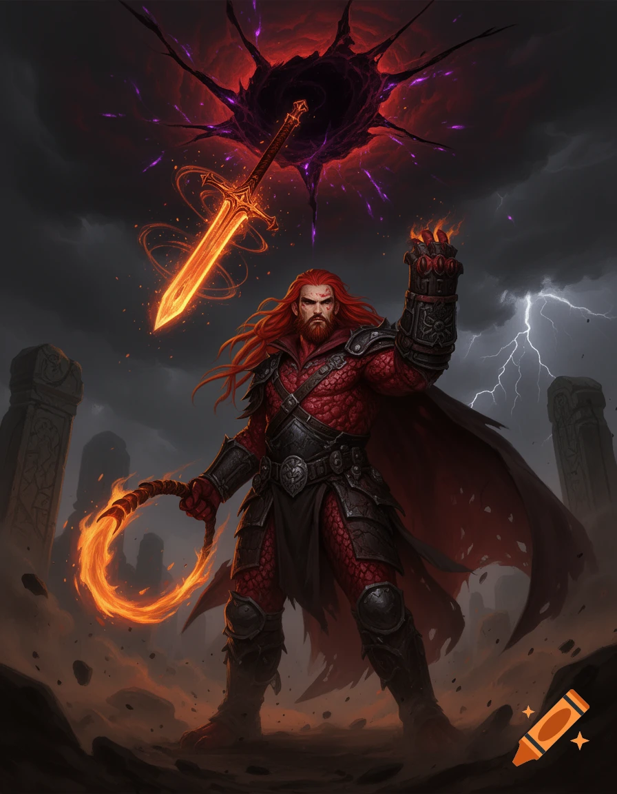 Fantasy digital painting of a red dragon-humanoid warrior with fiery hair and sword summoning a glowing weapon from a dark portal.