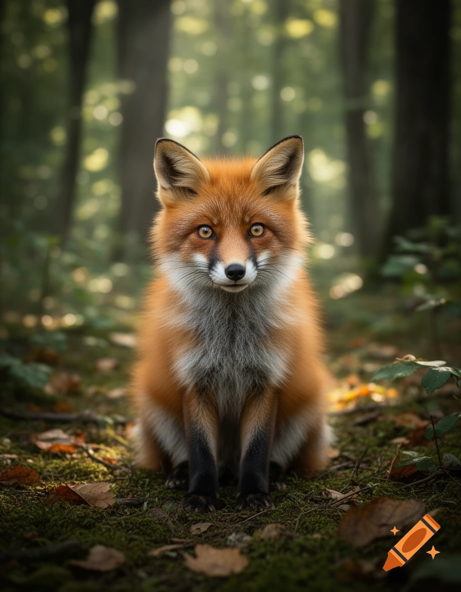 Photorealistic close-up of a cute red fox sitting on mossy forest ground surrounded by trees.