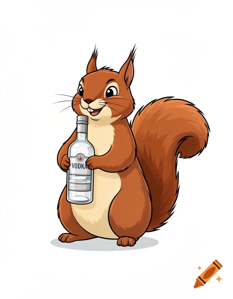 Clipart illustration of a cute red squirrel standing and holding a bottle of vodka, isolated on white background.