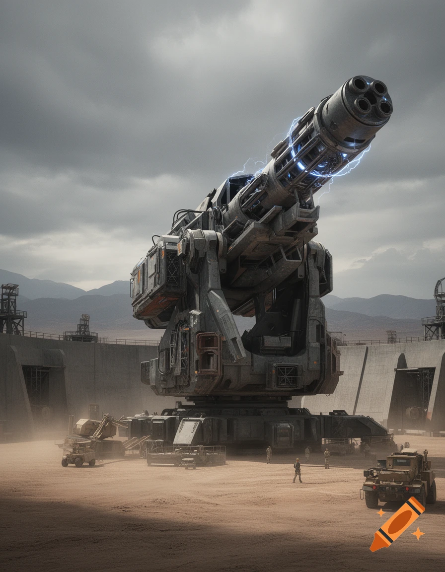 Photorealistic image of a massive futuristic railgun turret in a concrete desert installation with small figures and vehicles nearby.