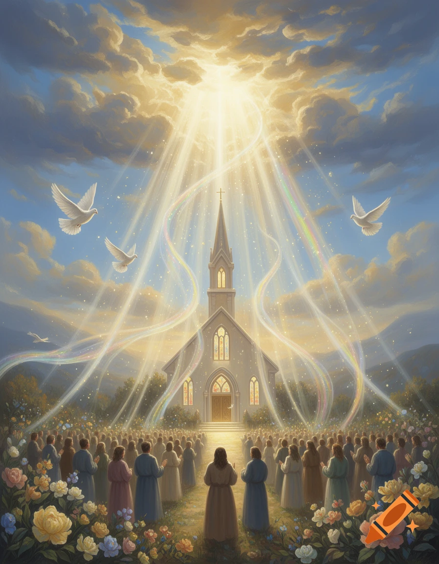 An oil painting of a glowing church beneath an open sky with beams of light, rainbows, and white doves, with a crowd facing the church.