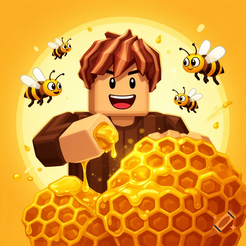 A Roblox character surrounded by cute cartoon bees collecting golden honey from large honeycombs.