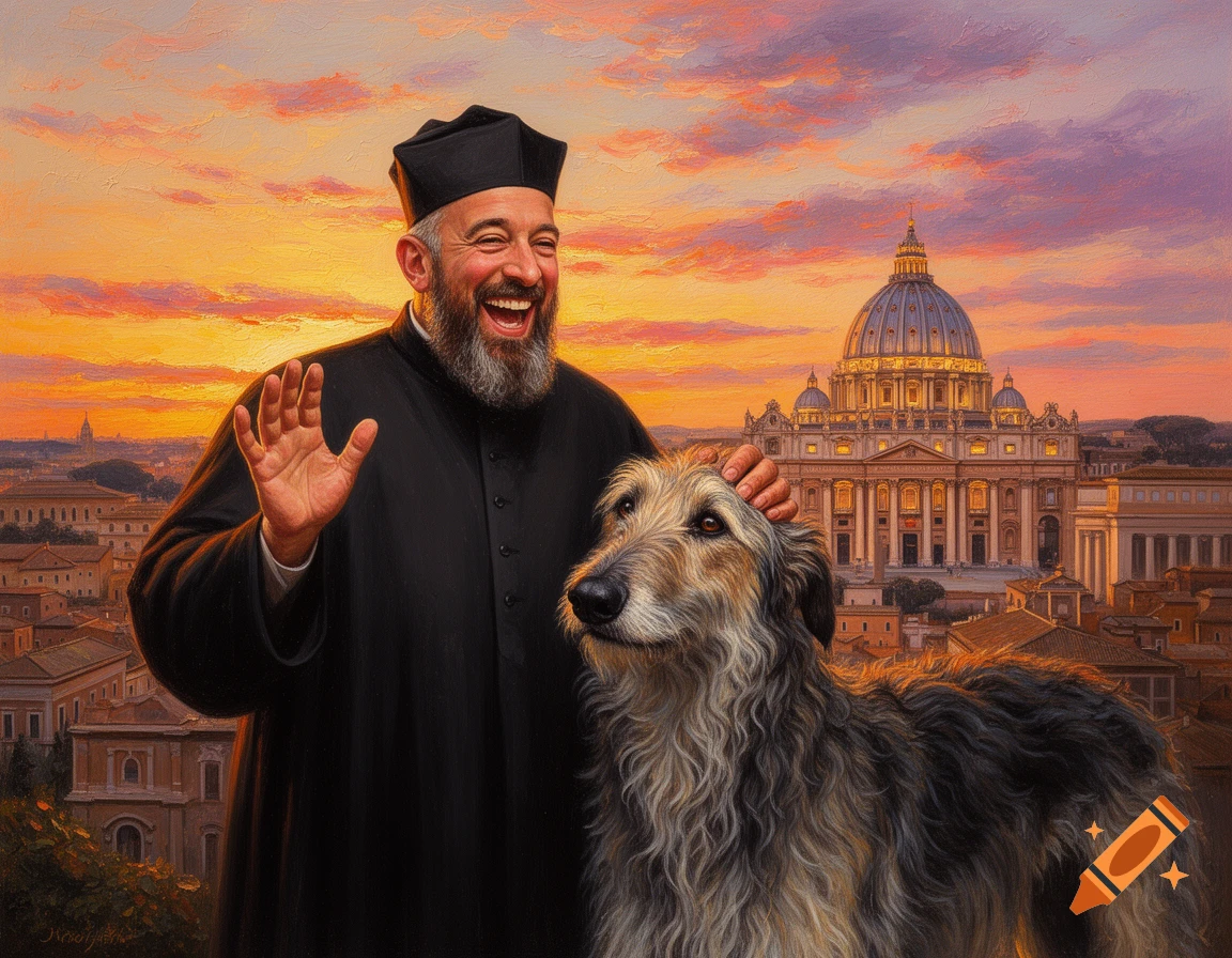 Oil painting of a smiling priest in a black cassock petting a large Irish Wolfhound with St. Peter's Basilica and Rome at sunset in the background.