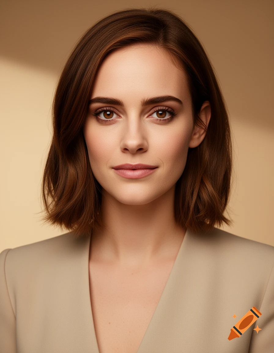 Close-up photorealistic portrait of a young woman with brown hair and light beige blazer against a neutral background.