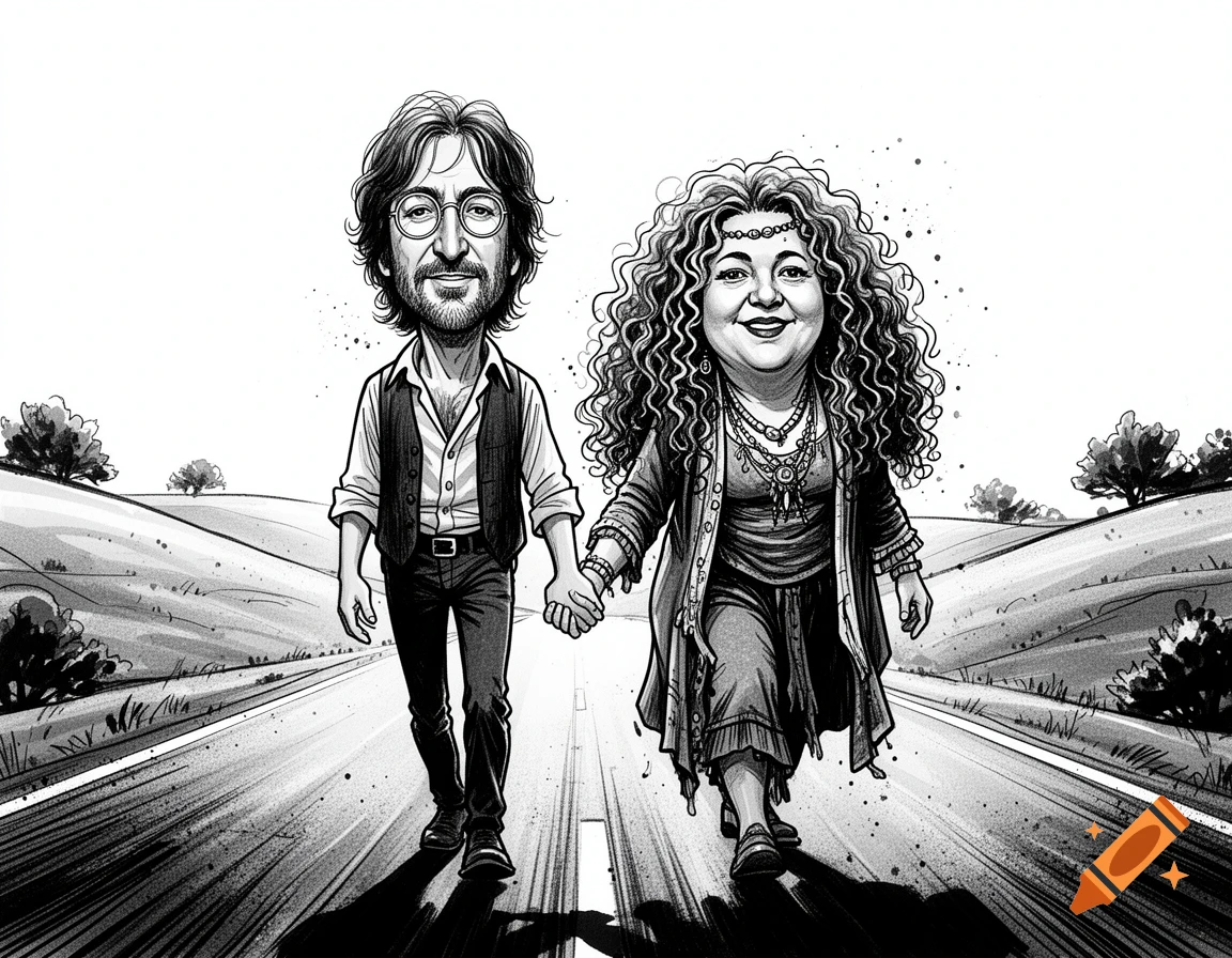 Black and white caricature drawing of John Lennon and Janis Joplin holding hands while walking down a road.