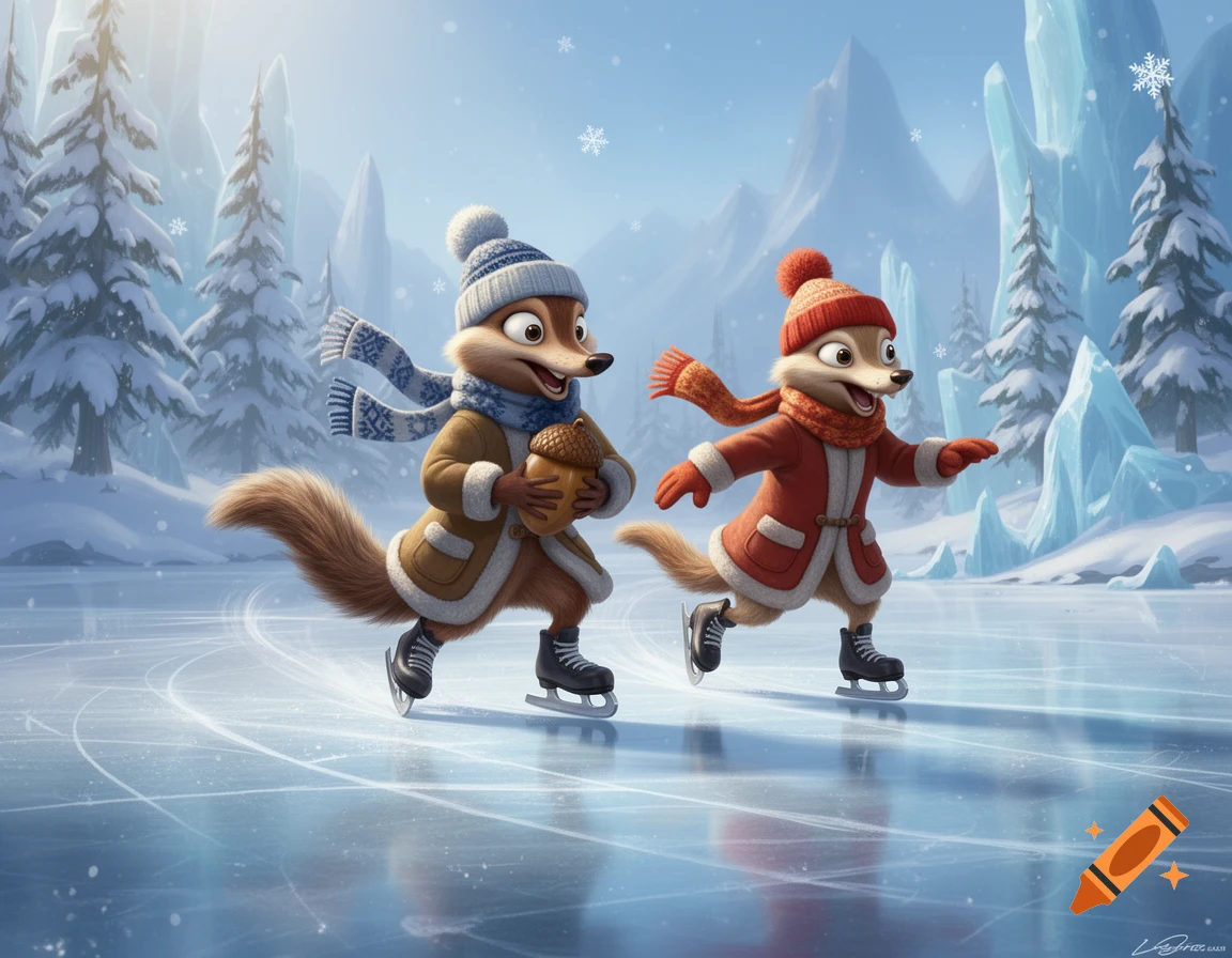 Two animated squirrels wearing winter coats, hats, and scarves ice skating on a frozen lake with snowy mountains in the background.