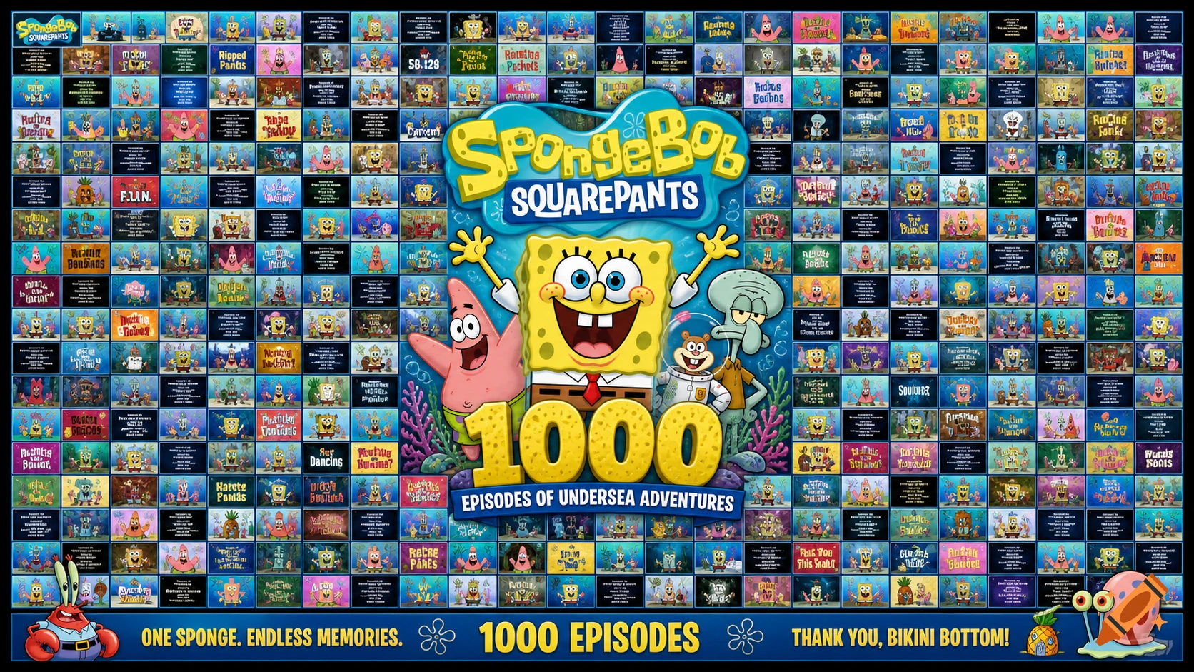 SpongeBob SquarePants promotional poster with a 1000 episodes celebration theme surrounded by many scene grids.