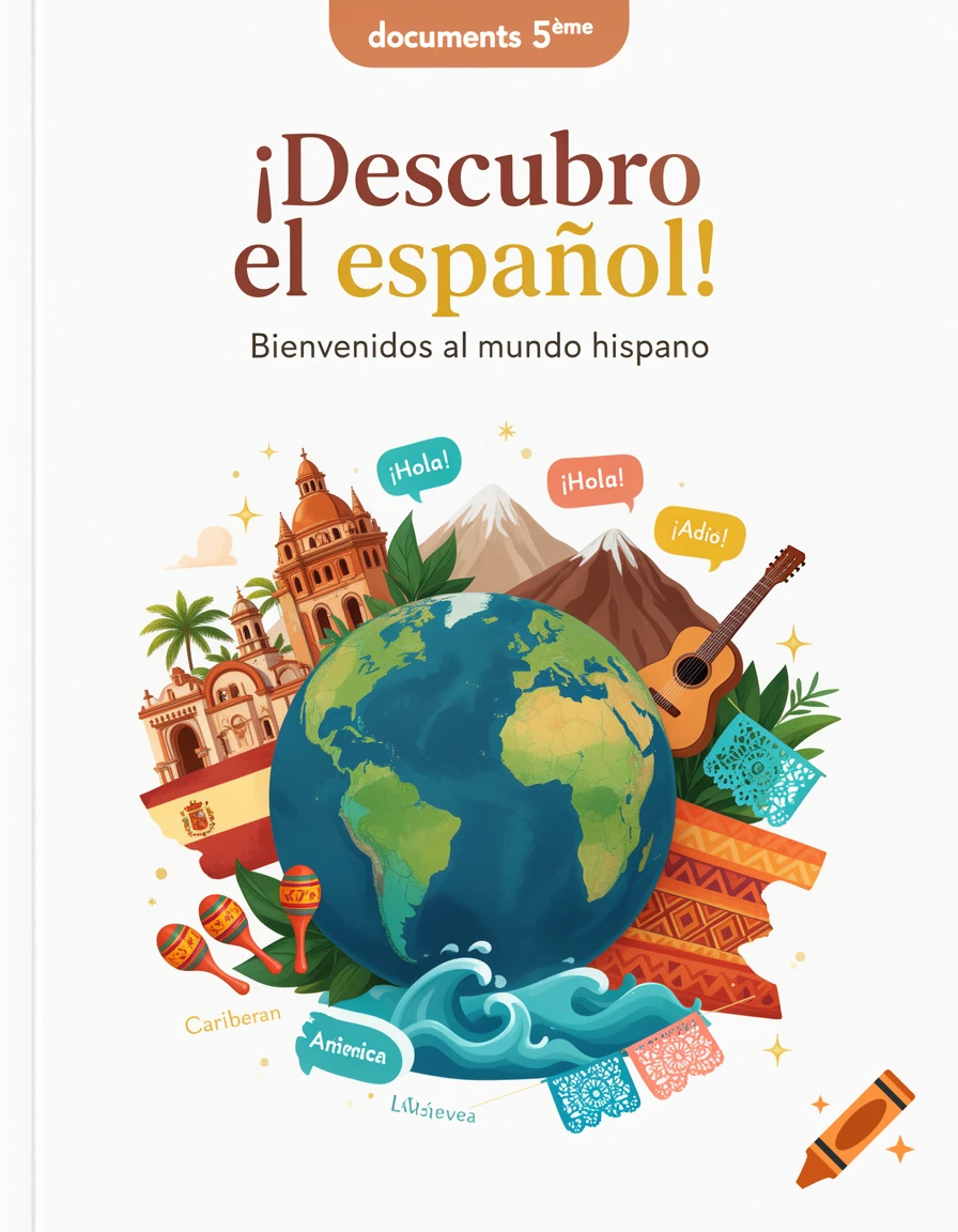 Digital illustration of a Spanish language textbook cover featuring a globe, landmarks, a guitar, and Spanish greetings in speech bubbles.