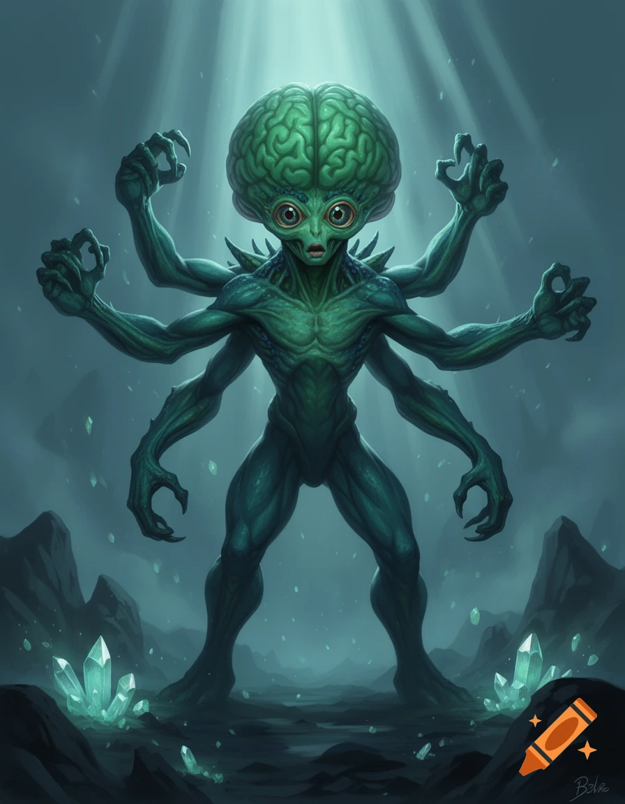 Digital painting of a green alien monster with a large brain, multiple arms, and glowing crystals in a cavern.