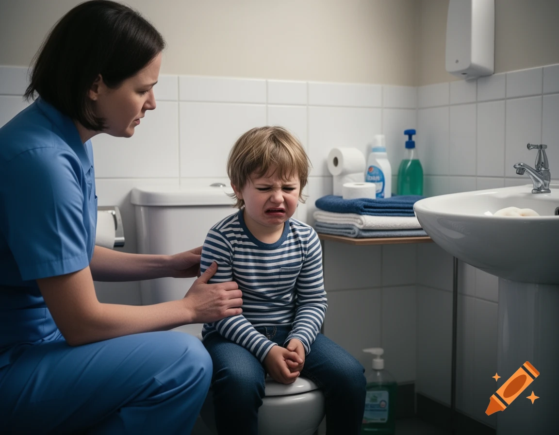 Photorealistic scene of a nurse comforting a crying young child sitting on a toilet in a bathroom.