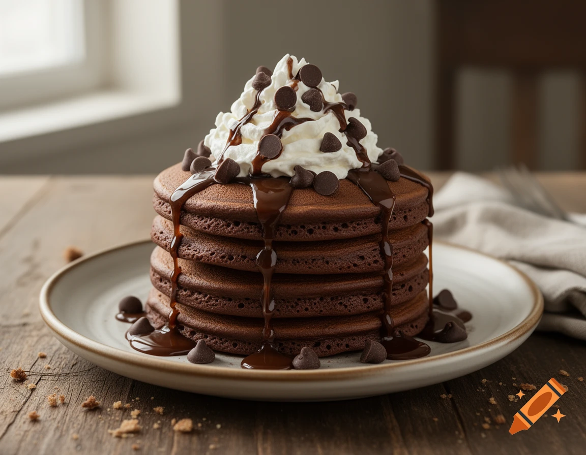 A stack of chocolate pancakes topped with whipped cream, chocolate syrup, and chocolate chips on a ceramic plate, photorealistic.