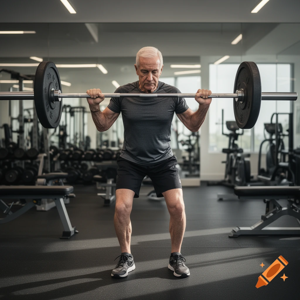 An older man performing a barbell squat in a modern, well-equipped gym, photorealistic style.