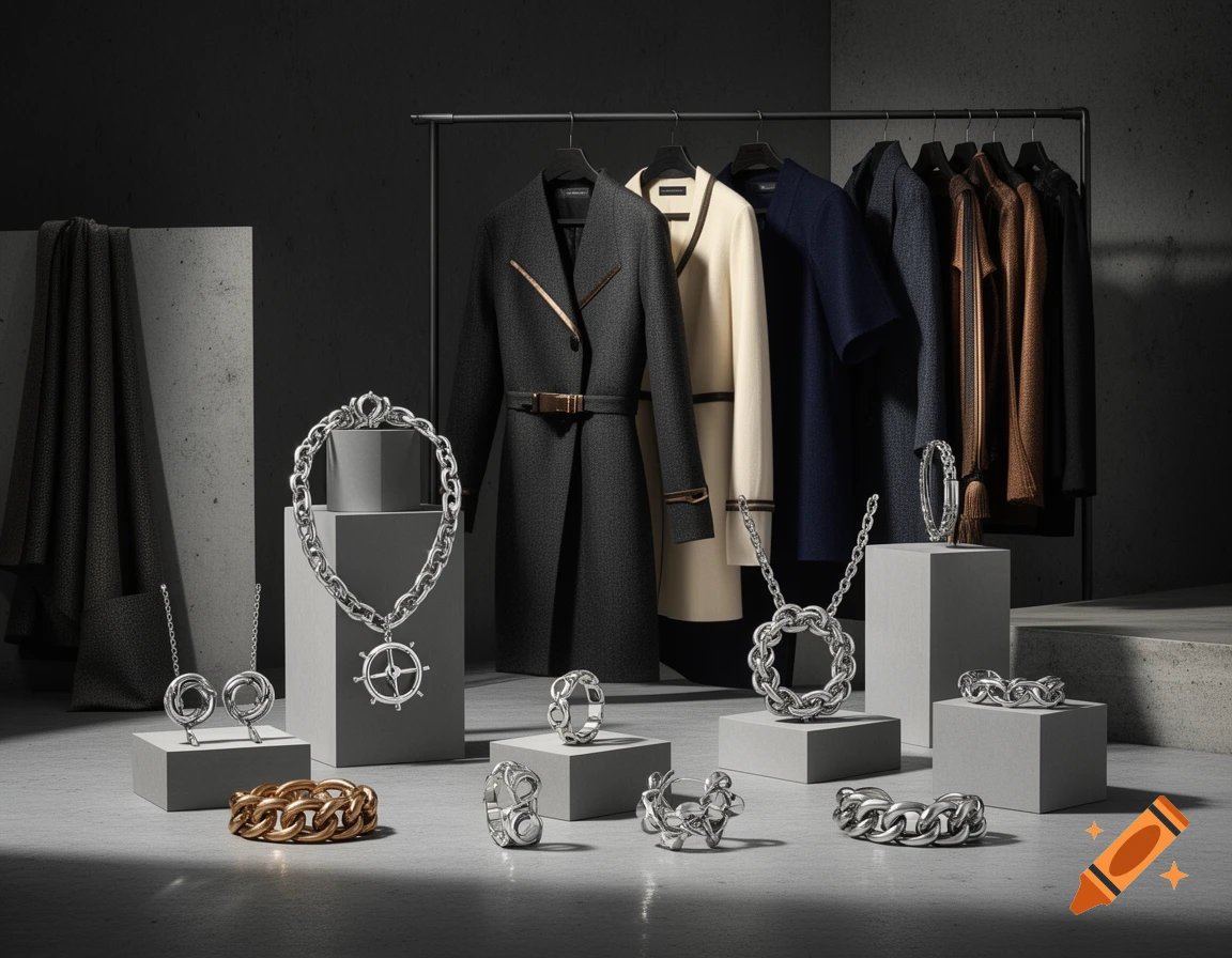Photorealistic display of stainless steel chain jewelry and clothing on grey pedestals in a minimalist studio.