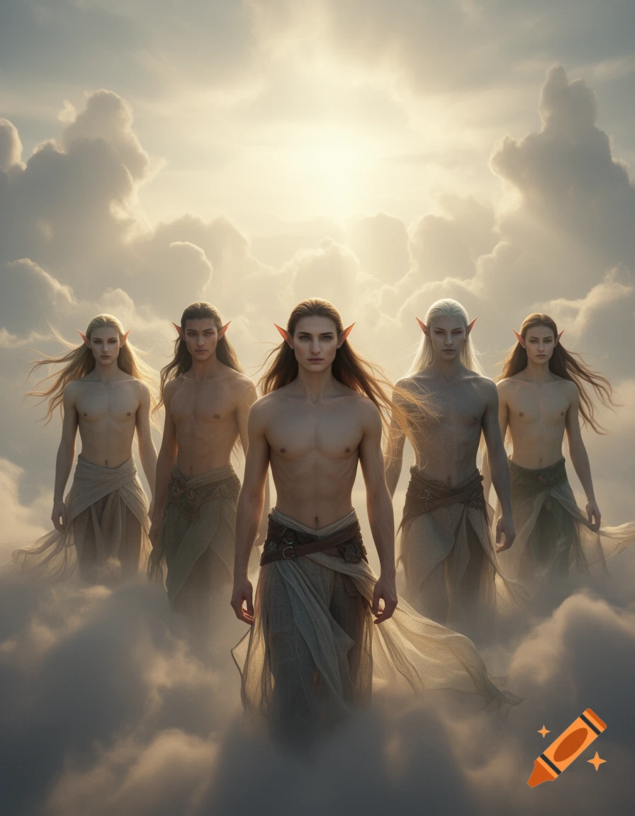 Photorealistic image of five shirtless male elves with pointed ears standing in the clouds under bright sunlight.