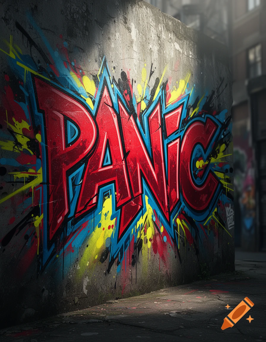 Vibrant red graffiti art spelling 'PANIC' with blue and yellow accents on a weathered concrete wall in an alleyway.