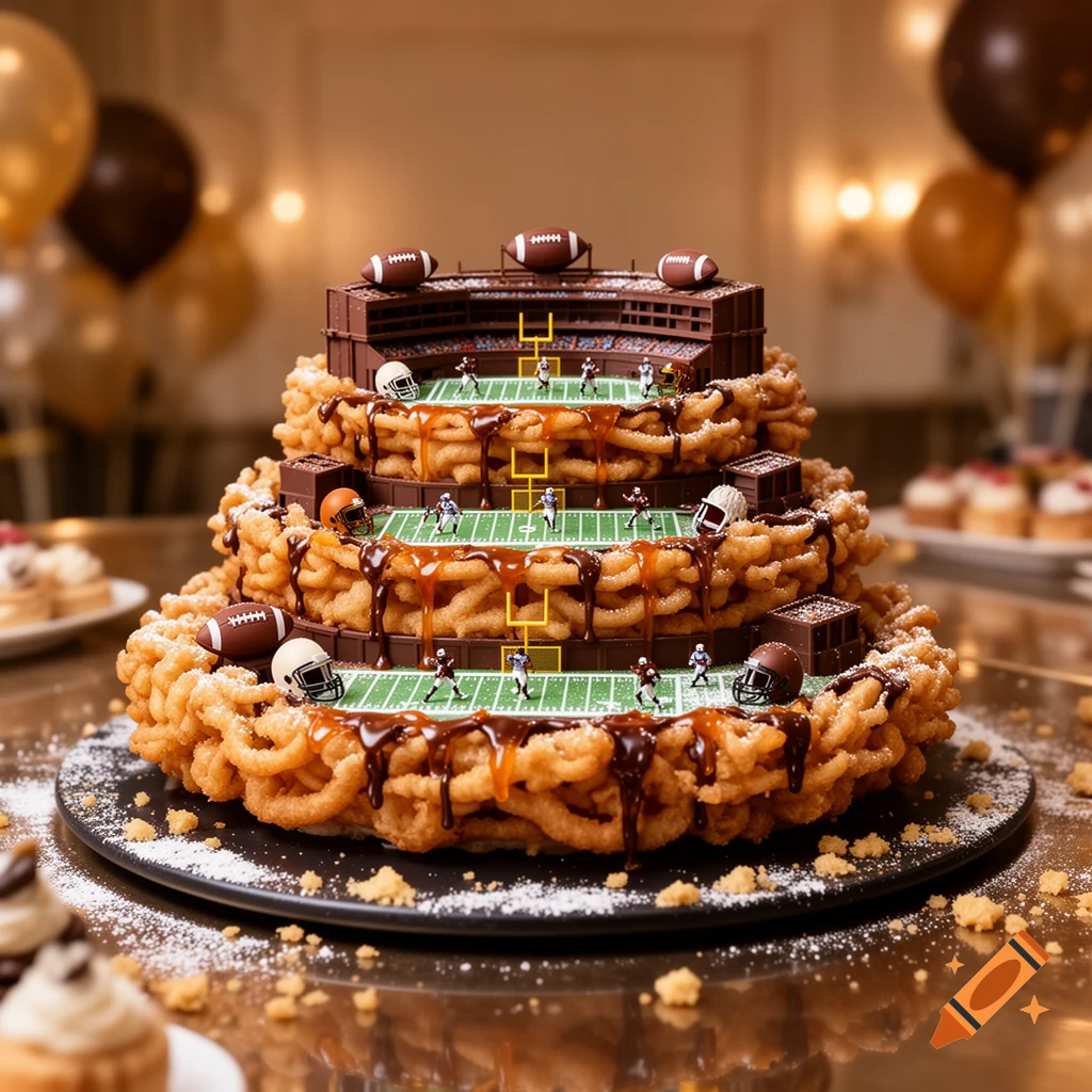 A three-tier funnel cake shaped like a football stadium, complete with miniature players and goalposts, dusted with powdered sugar.