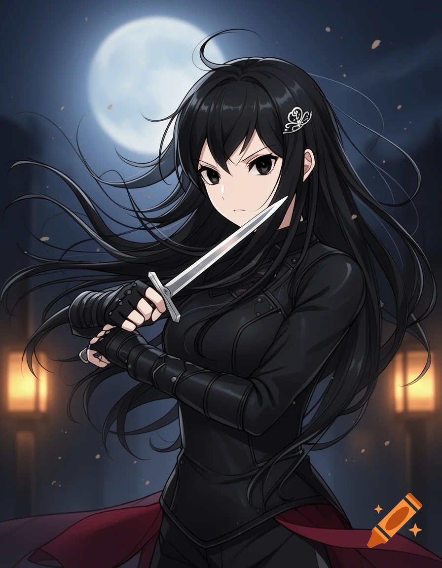 Anime style illustration of a dark-haired girl in black armor holding a dagger in front of a full moon.