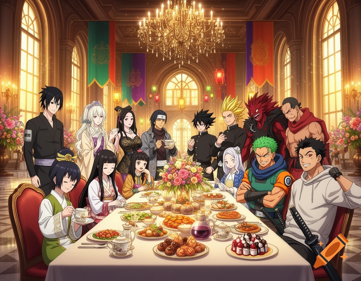 Detailed anime crossover group photo of characters gathered around a large banquet table in a grand hall.