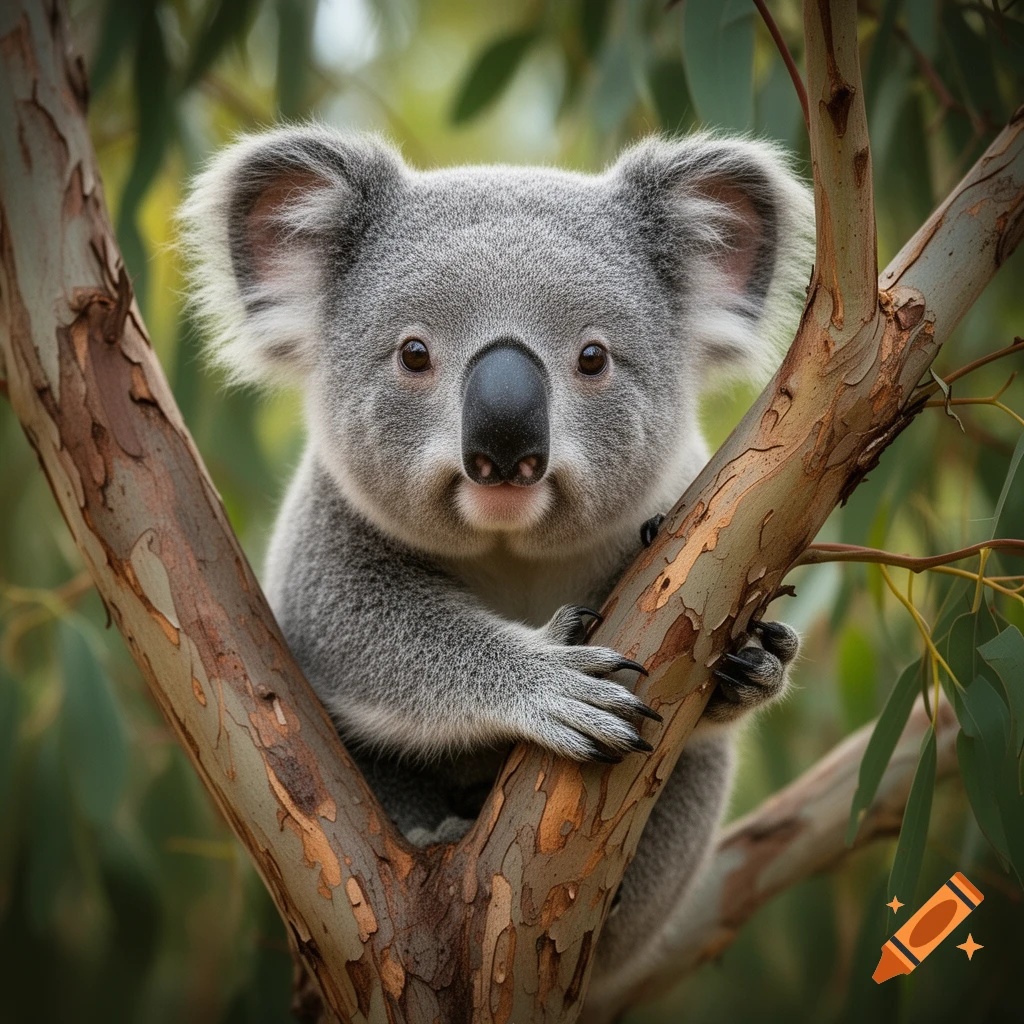Photorealistic close-up of a koala perched in the fork of a eucalyptus tree, looking directly at the camera.