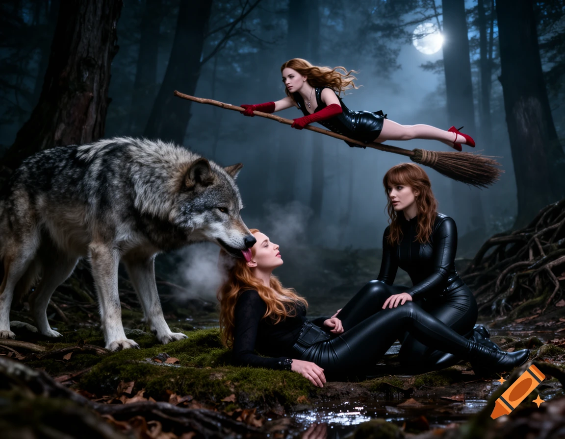 Photorealistic scene of a woman lying in a dark forest as a wolf licks her face, another woman flying on a broomstick, and a third kneeling beside her.