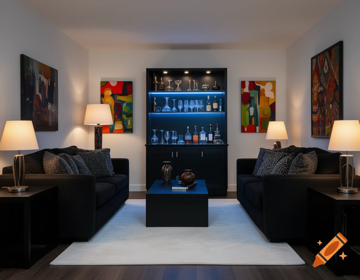 Modern cozy men's living room with black sofas, a lit home bar, and abstract colorful wall art.