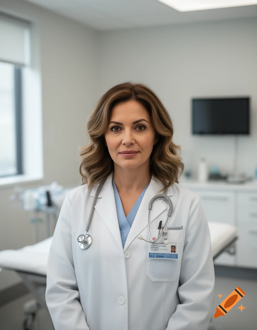 Photorealistic medium shot of a female doctor with shoulder-length wavy brown hair and brown eyes wearing a white coat and stethoscope in a medical office.