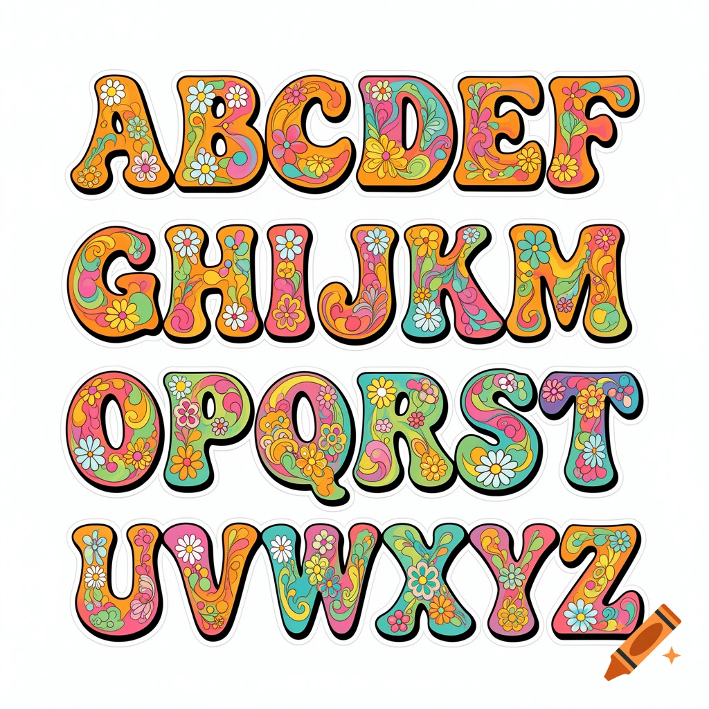 Retro 1960s style alphabet A through Z with colorful floral and psychedelic patterns on white background.