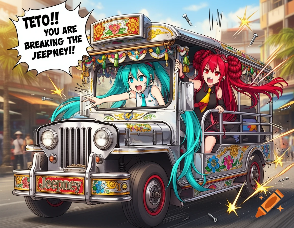 Anime style illustration of Hatsune Miku driving and Kasane Teto riding a decorated Philippine jeepney with speech bubble text.
