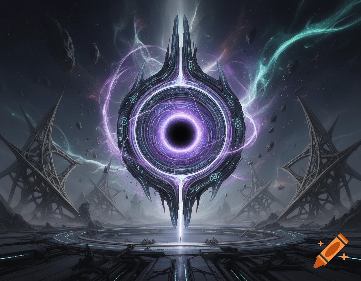 Concept art of a glowing purple singularity weapon floating in a desolate alien landscape with futuristic structures.