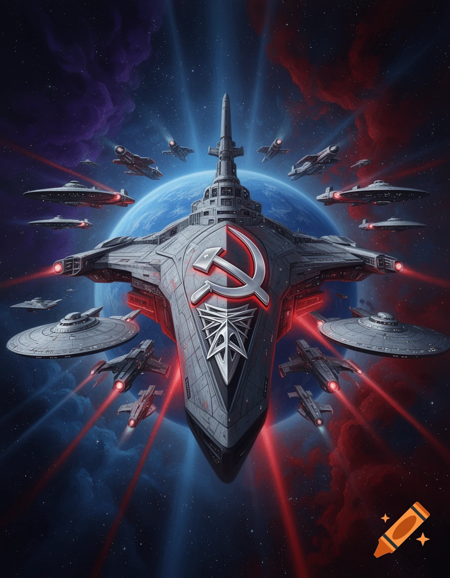 An epic sci-fi digital painting of a massive central spacecraft with a hammer and sickle emblem, surrounded by smaller fleets and saucers against a cosmic starfield backdrop.