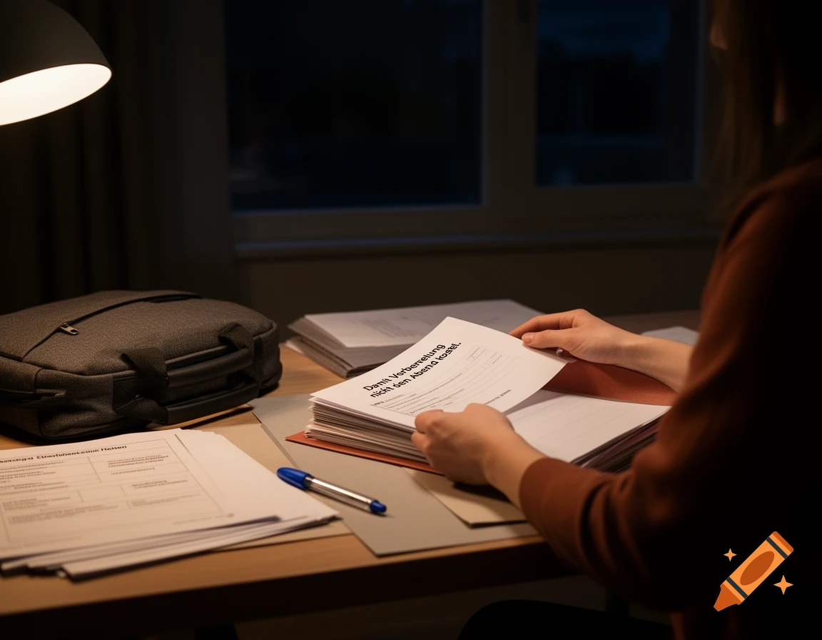 A teacher reviewing organized documents at a desk in a dimly lit room at night, illuminated by a desk lamp.