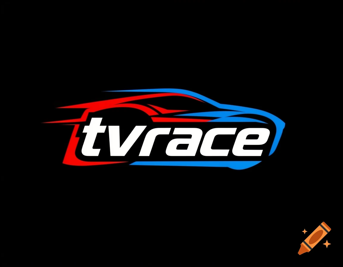 A stylized red and blue car graphic enclosing the white text 'tvrace' on a black background.