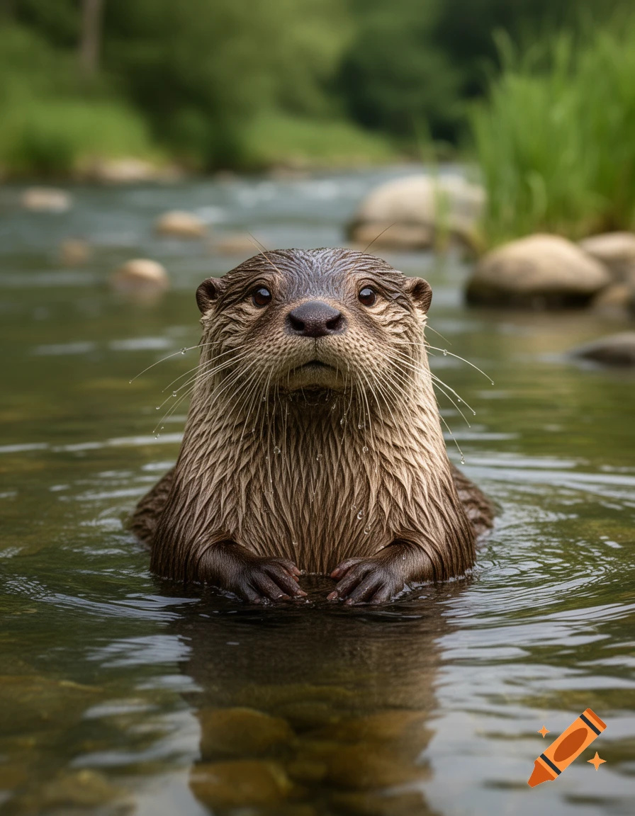 Photorealistic close-up of an otter standing in a shallow river, looking directly at the camera.