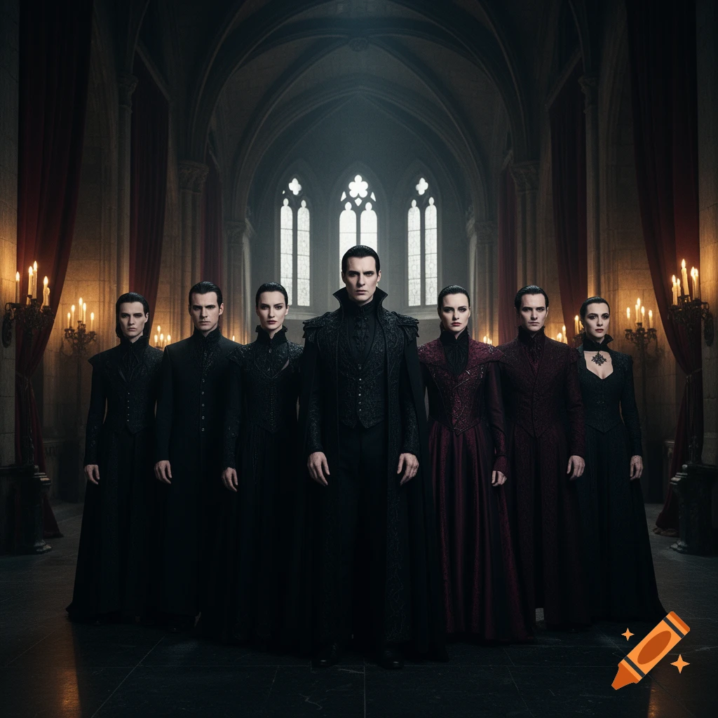 Photorealistic group of seven vampires in dark historical attire standing in a grand gothic cathedral.