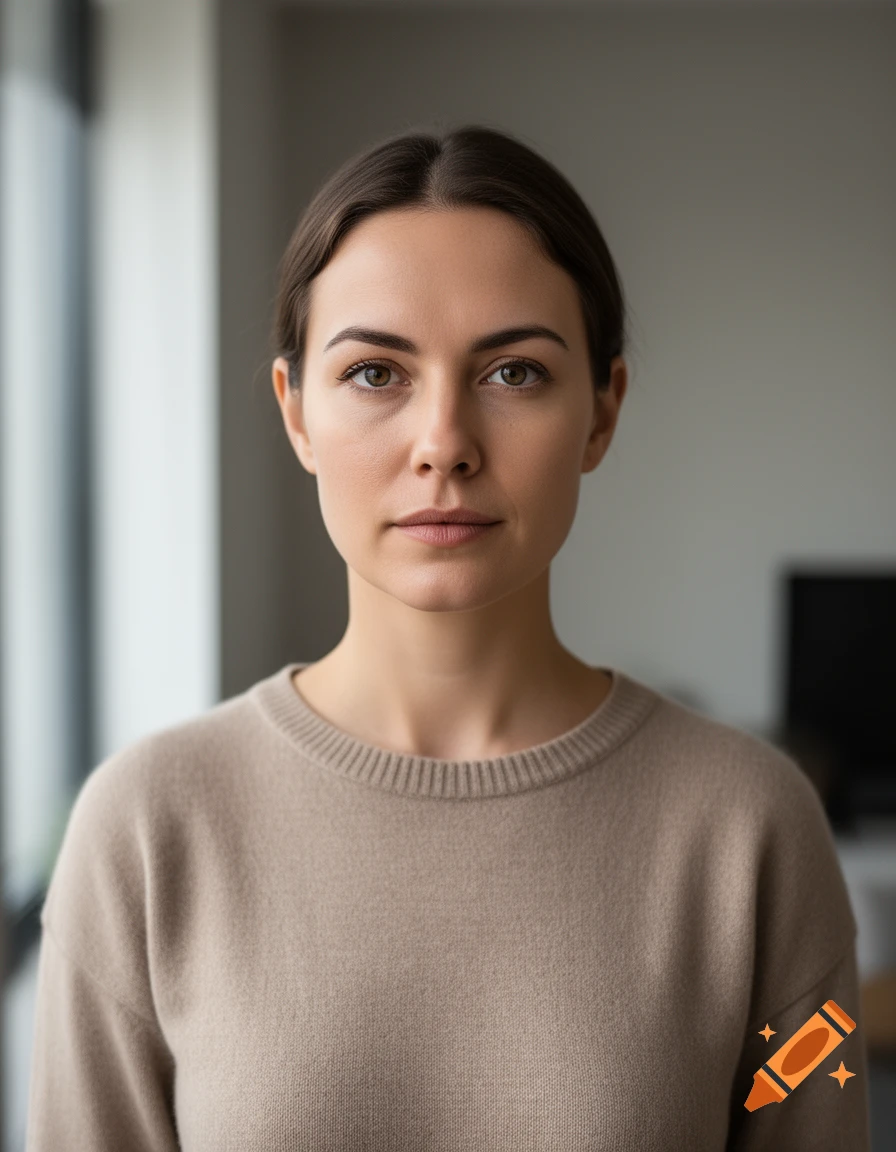 Photorealistic portrait of a 30-year-old woman with brown hair wearing a beige sweater, looking directly at the camera.